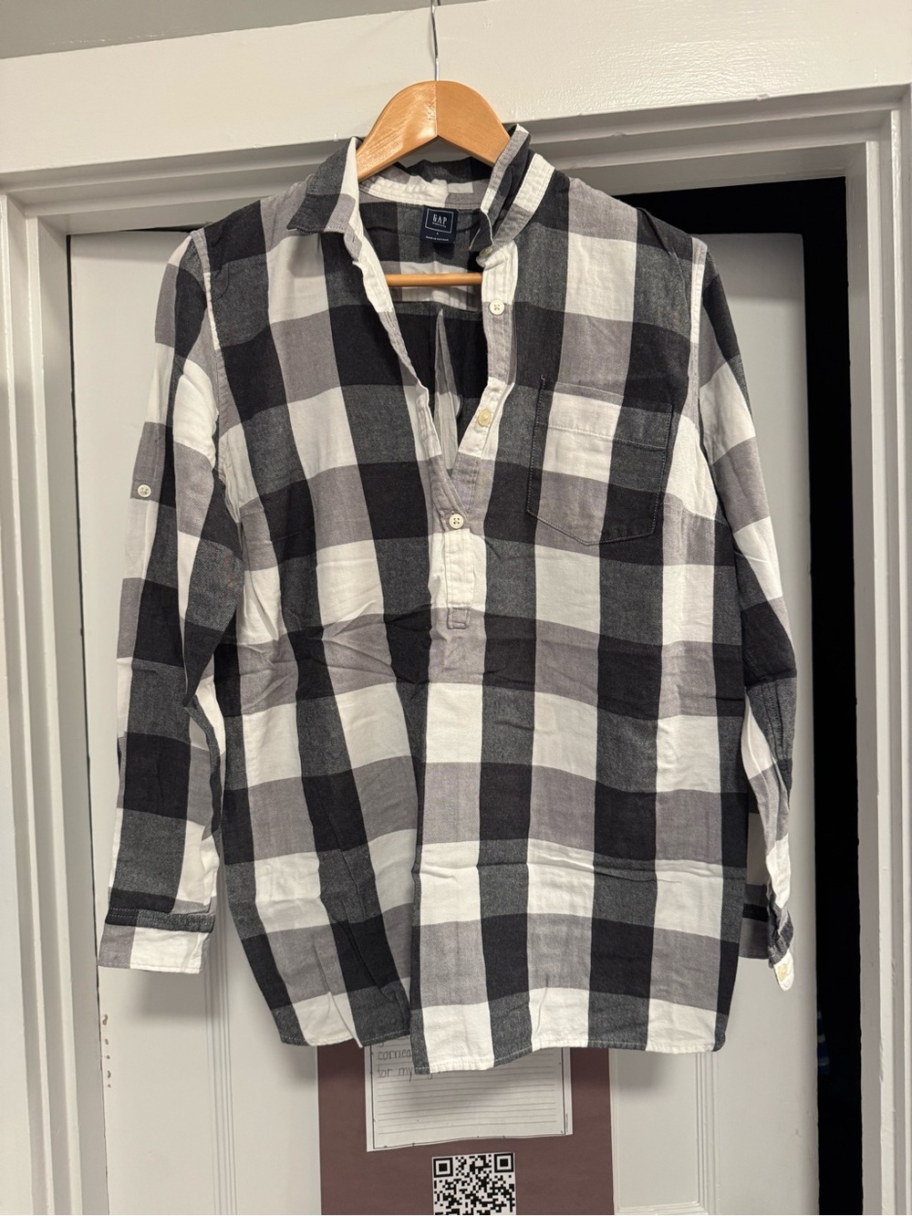 GAP Maternity Black and White Buffalo Check Half Button-Down Tunic